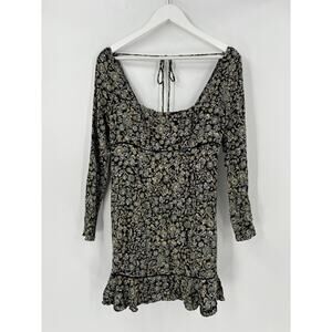 Free People Boheme Mini Dress Womens 12 Black Floral Print Long Sleeves Tie Back